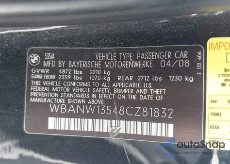 2008 BMW 535I z USA, uszkodzony, nr VIN WBANW13548CZ81832